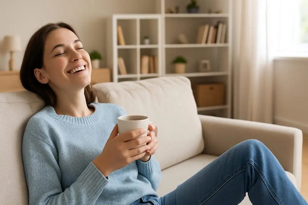 Pessoa a relaxar numa sala de estar limpa e arrumada, desfrutando do tempo livre ganho com o serviço de limpeza doméstica da Linda Serviços na Figueira da Foz.