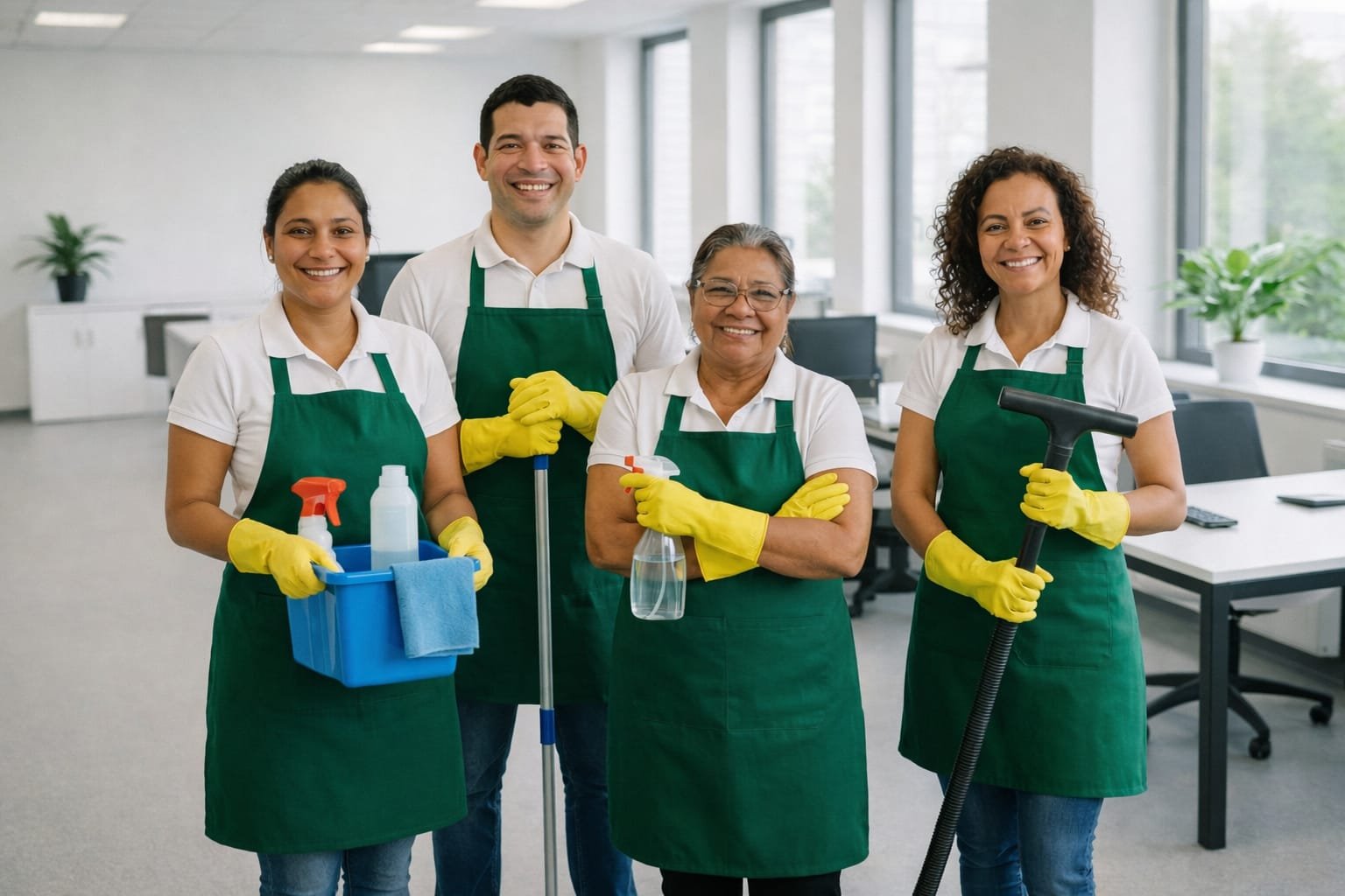 Equipa profissional de limpeza da Linda Serviços a trabalhar num escritório moderno na Figueira da Foz, equipada com aventais verdes e materiais de limpeza.